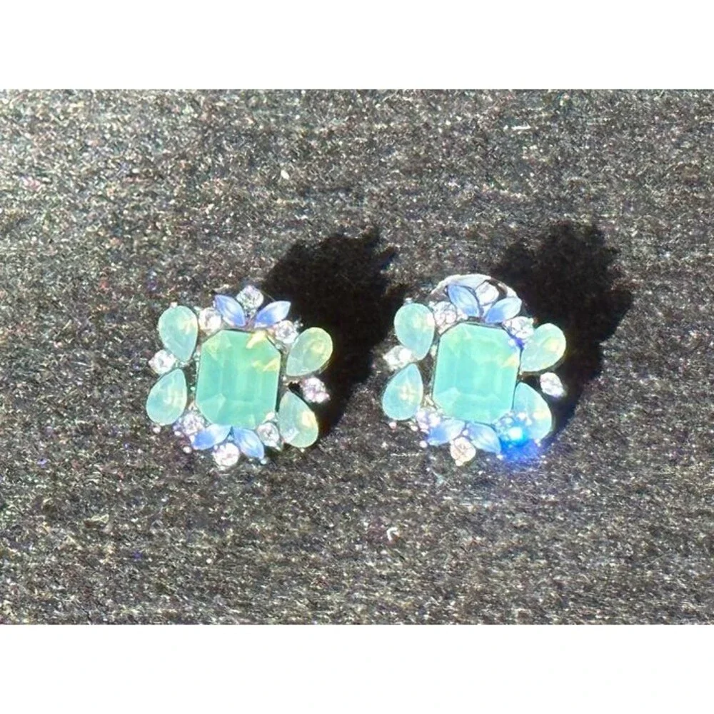 Mint Opal Rhinestone Cluster Stud Earrings Cute Sparkly Gift NWT New Jewelry